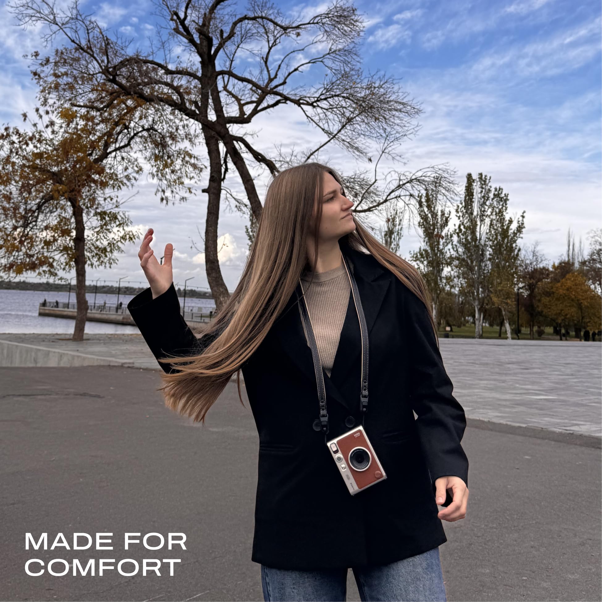 C Coiro Sangle fine en cuir avec libération rapide, sangle d'épaule réglable pour appareil photo reflex numérique compatible avec Fuji Sony Nikon Leica Canon Rembourrée Noir