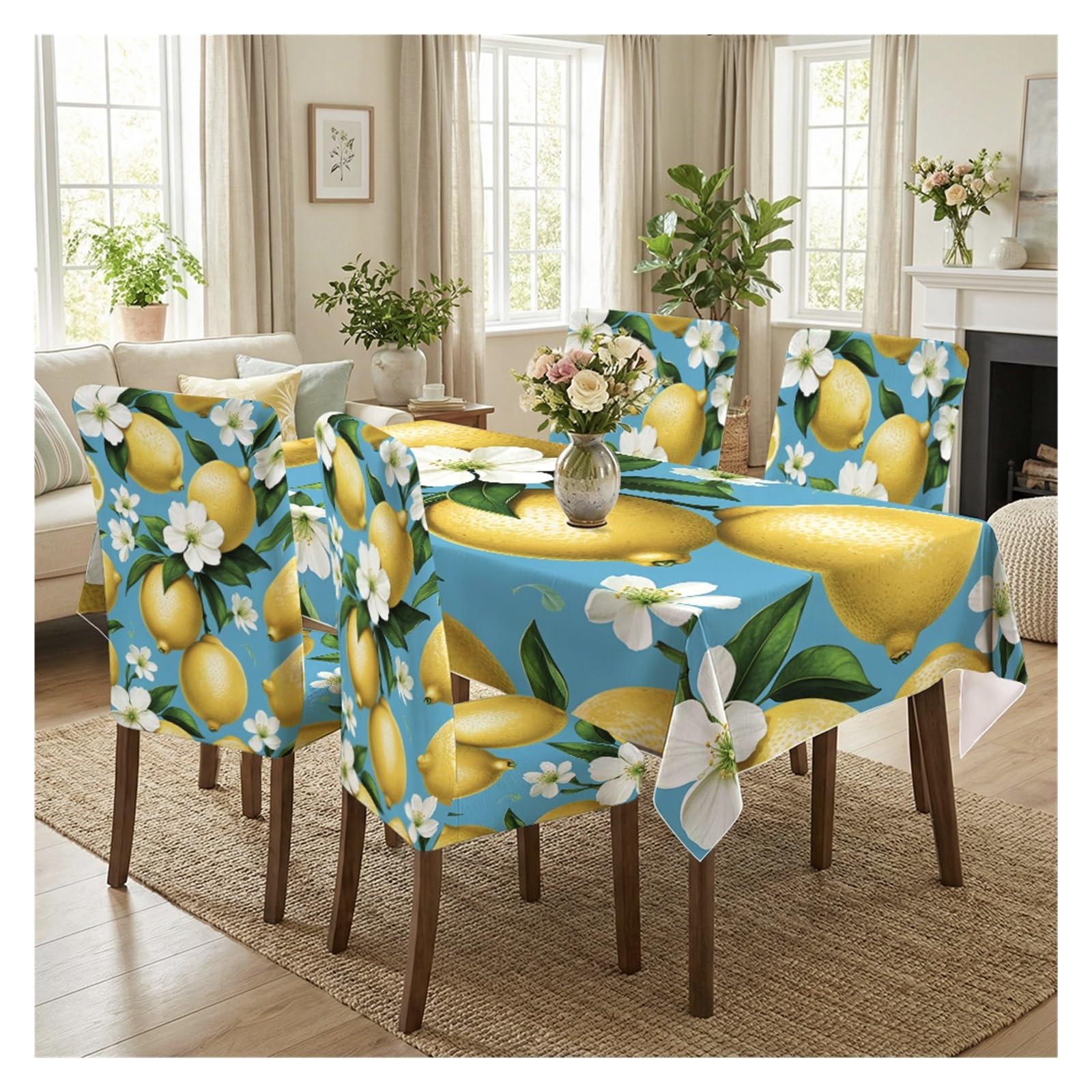 KXUAUV Blue Background Lemon Print Stretch Dining Chair Covers & Tablecloth Set, 5/7 Pack Party Decor(5pcs Set: Tablecloth+Chair Covers)