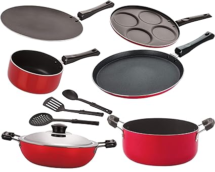 Nirlon Nonstick Aluminium Gas Compatible Cookware Kitchen Utensils Combo Gift Set Offer - 9 Pieces [26_CT_DKDB_SPM_FT11_Cass20_UP4_3SPN]