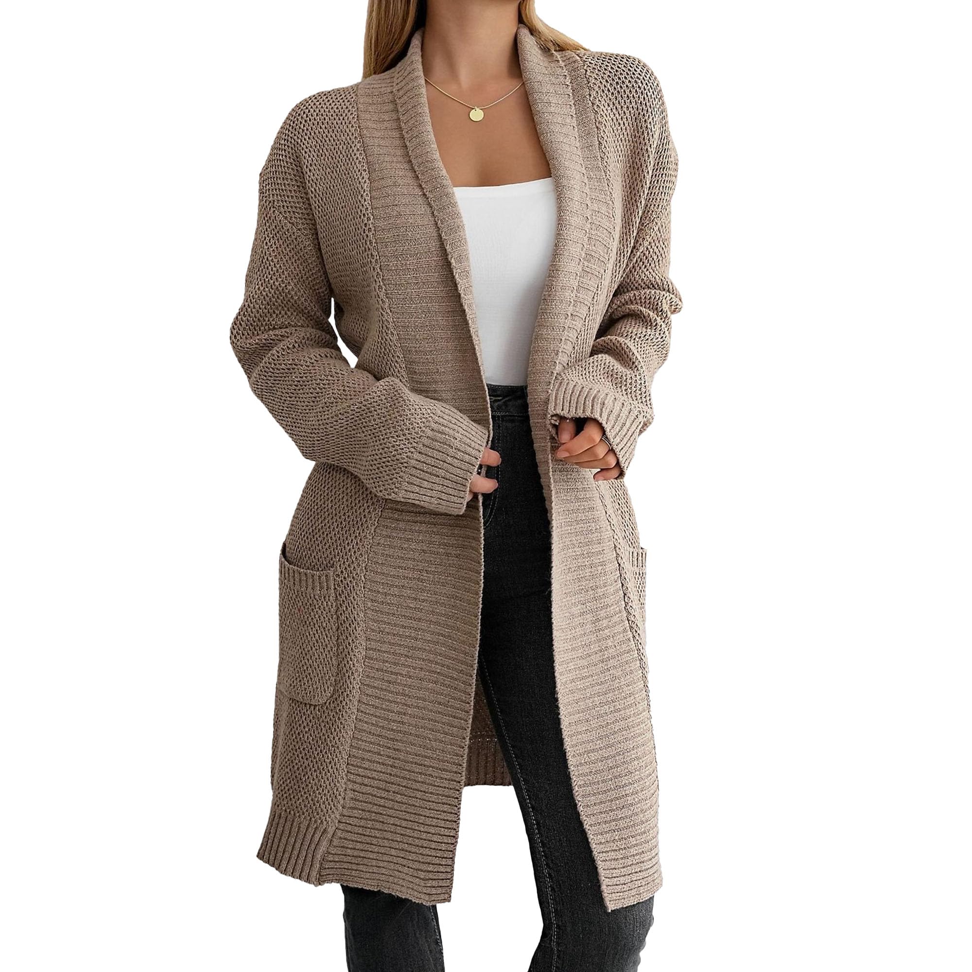 Ladies Drape Open Front Blazer Long Sleeve Keep Warm Loose Slouchy Lightweight Knit Soft Sweater 2025 - M - Camel