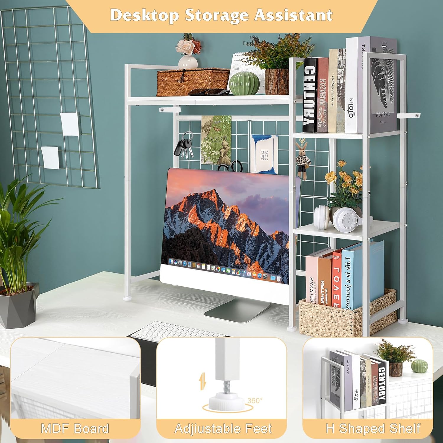 YBING Desk Shelf, 37.4" Desktop Organizer Shelf, Desk Hutch for Computer Monitor, Display Bookcase Rack with Grid Panel, Wood Desktop Bookshelf for Home Office Dorm, White