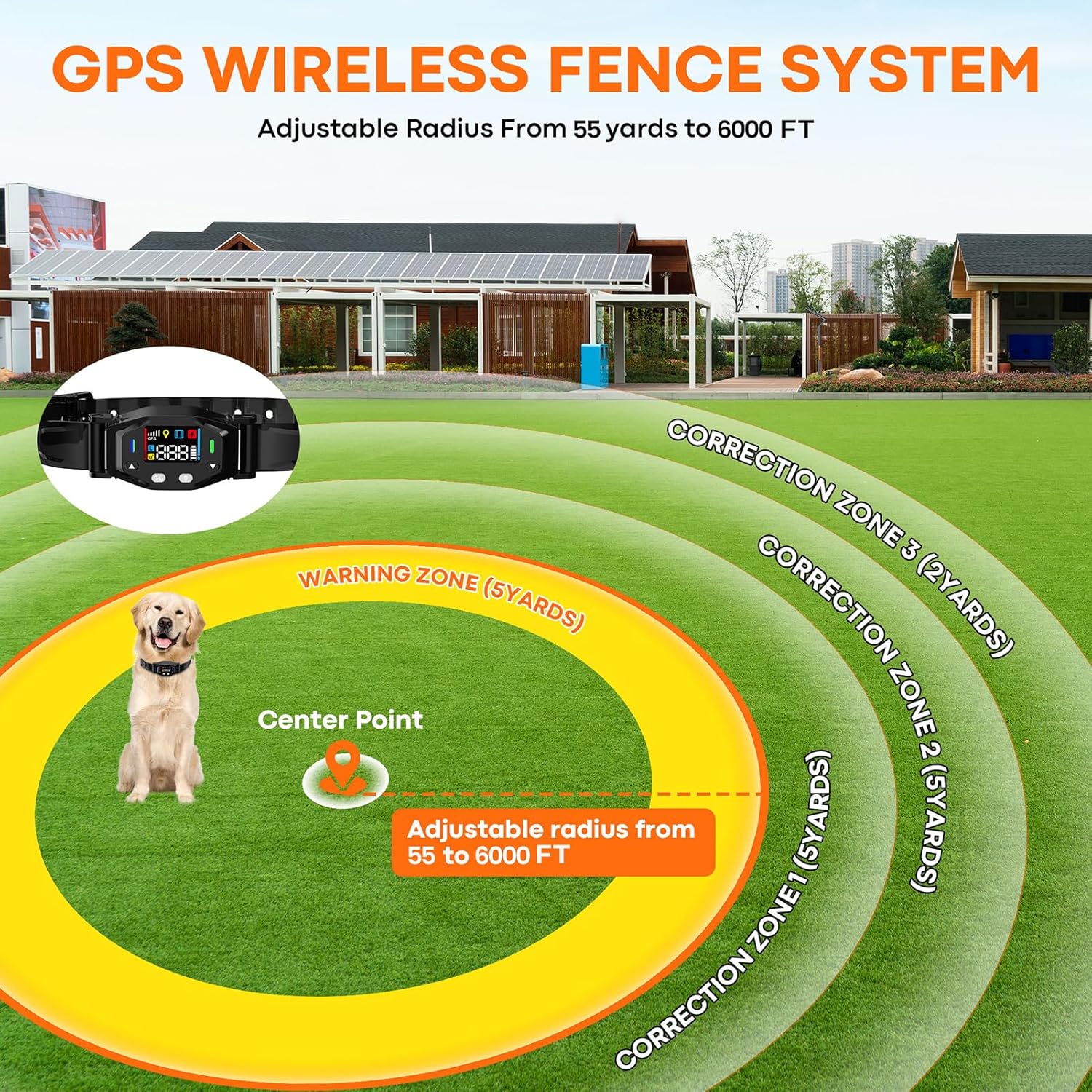 GPS Wireless Dog Collar Fence System, Electric Fence for Dogs with UBLOX Chip, 55-6000FT Range, 4-Zone Progressive Correction & 3 Modes, IPX7 Waterproof GPS Dog Collar for Outdoor Use