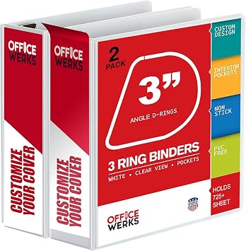 3 Ring Binder, 2 Pack of 3 Inch D Ring Binders, 8.5" x 11" Presentation Folder View Binder with Pockets, Durable Non-Stick Customizable Clear View Cover for Documents, Files, Projects White