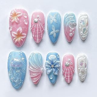 Press on Almond Nails Medium Length Glossy Full Cover Acrylic Almond Shaped False Nails with Designs Artificial Fake Nail with Charms Stick ons Fingernails for Women Girls(K1337)