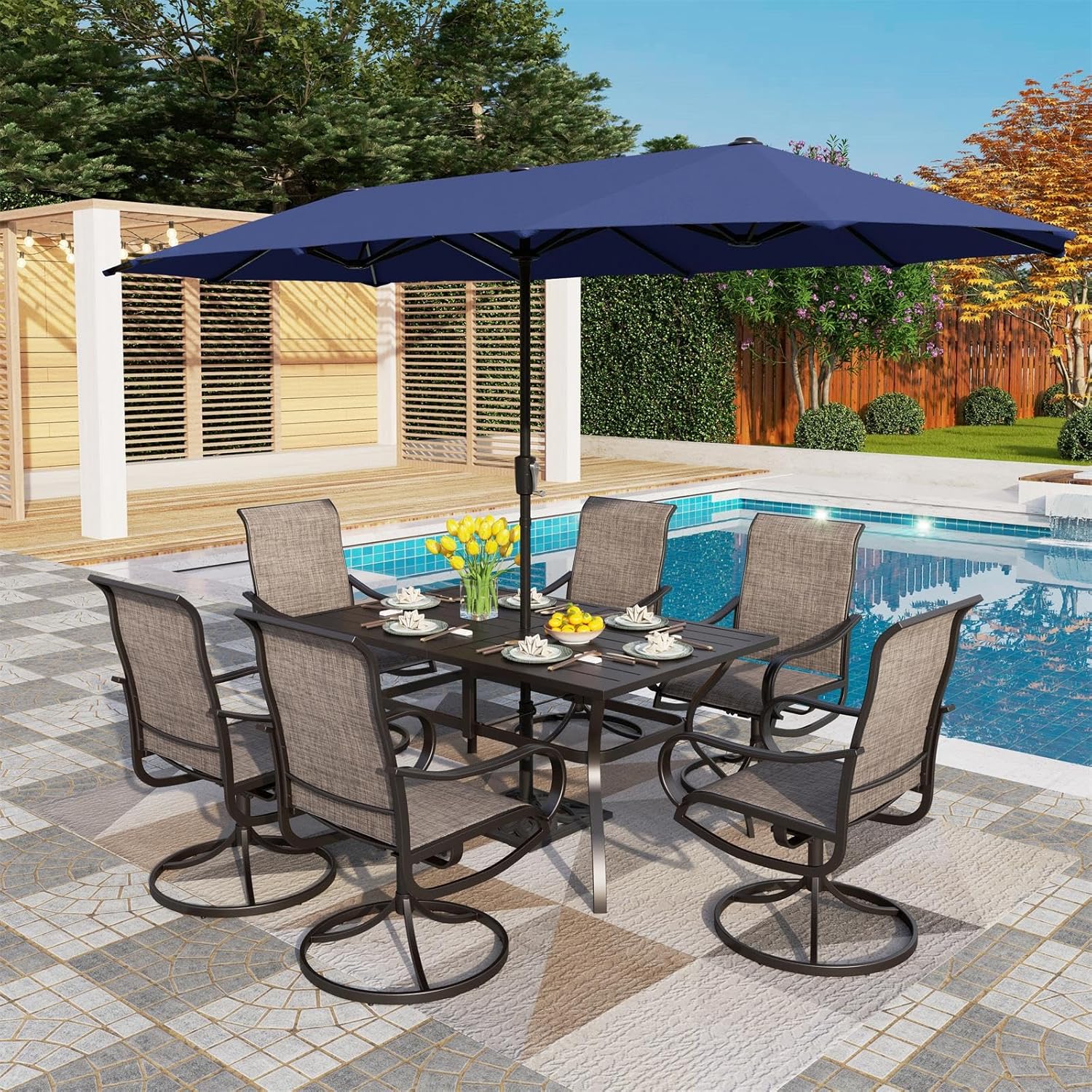 PHI VILLA 8 Piece Patio Dining Set with 13ft Patio Umbrella