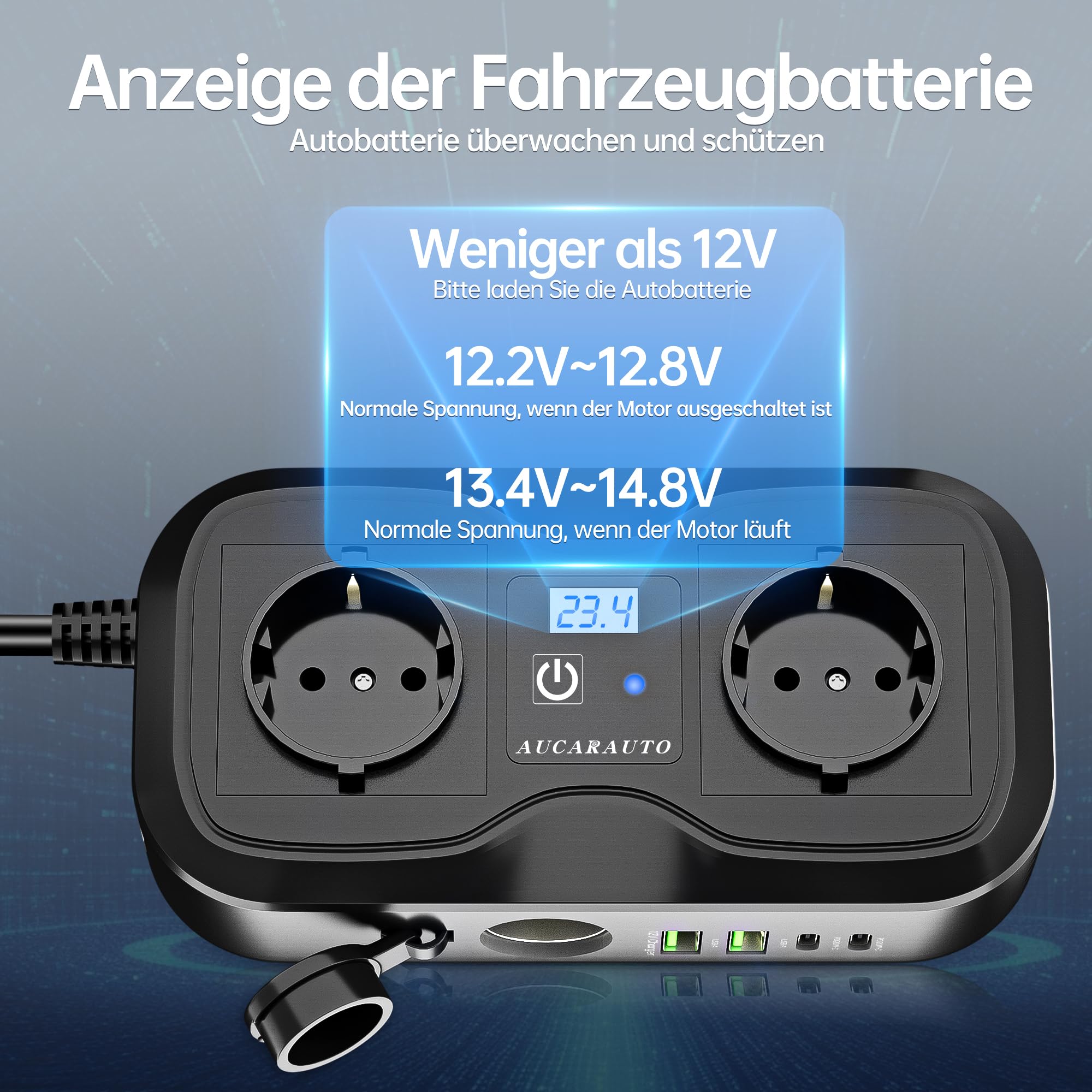 7in1 Wechselrichter 12V auf 230V, 200W Auto Spannungswandler Stromwandler mit 2 Steckdosen und 4 USB-C USB-A Ports Schnelles Aufladen KFZ Ladegerät mit Zigarettenanzünderstecker für Laptop