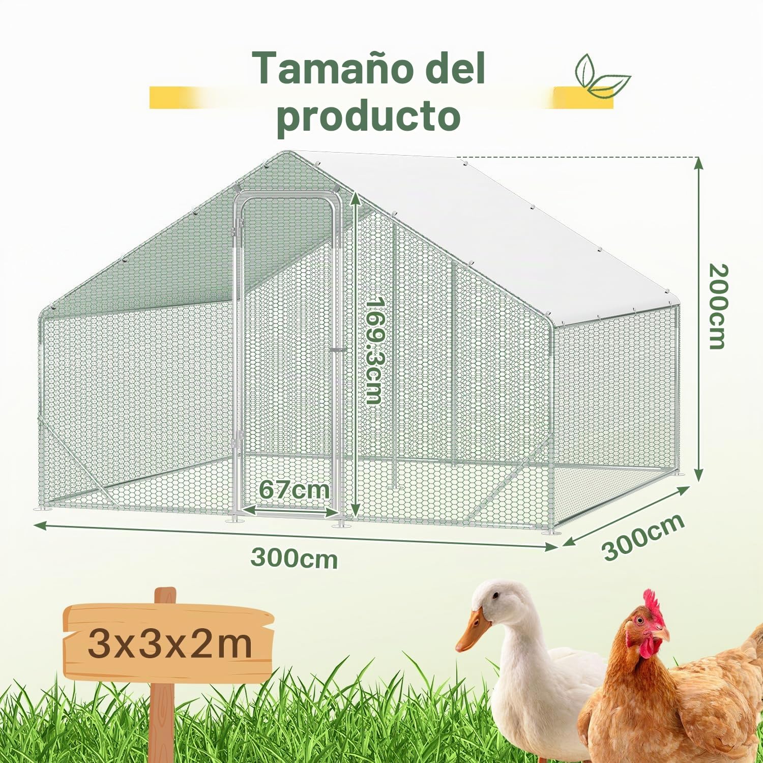 Gallinero con zona libre, 3x3x2m con cerradura de seguridad y tela impermeable de PE, fácil de limpiar, zona libre para gallinas, jaula para pájaros, pequeños animales y plantas