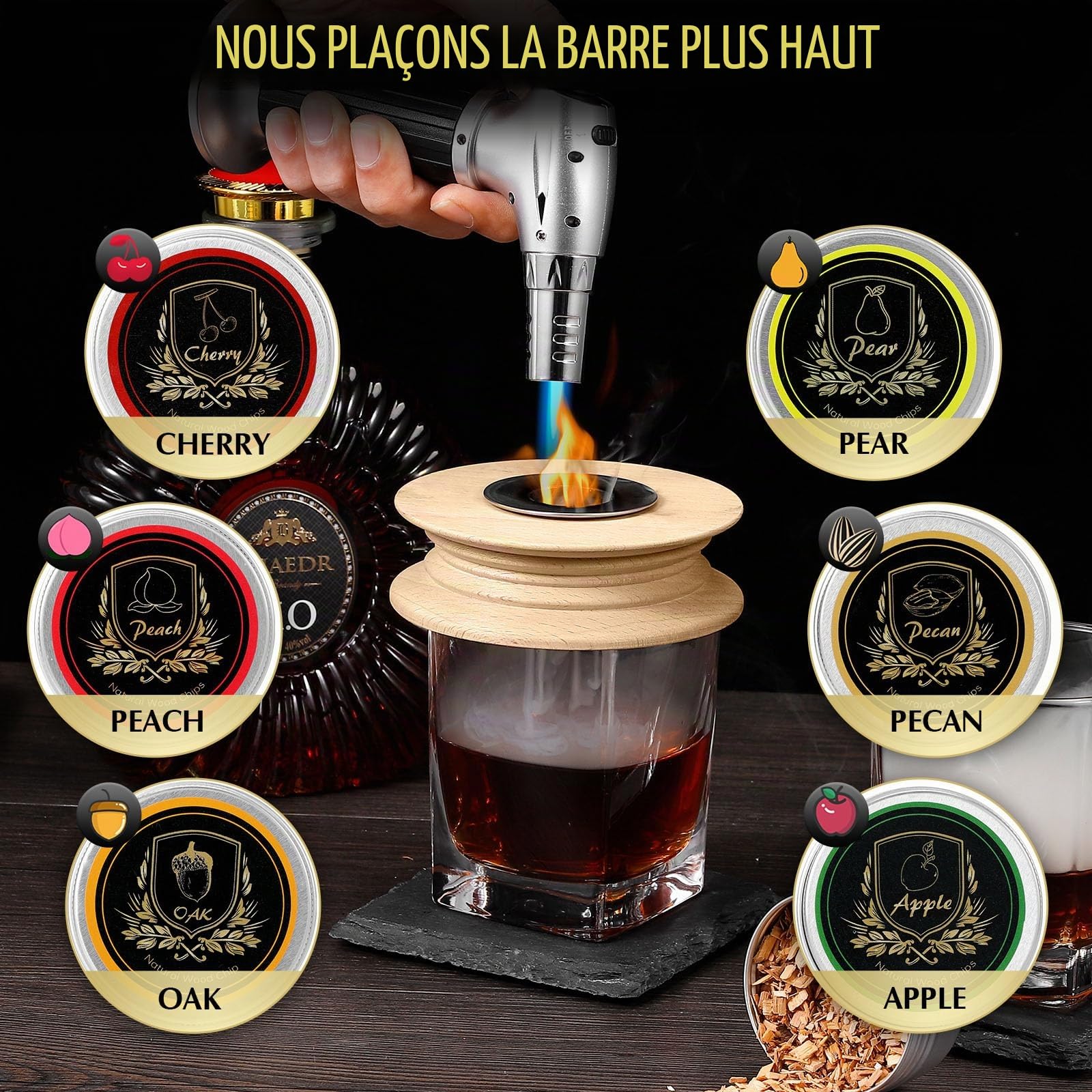 CWLAKON Kit de Fumeur de Cocktail avec Torche, Smoker Bourbon Old Fashioned Drink avec 6 Copeaux en Bois, Cadeaux d'anniversaire et Noël pour Hommes(sans Butane)