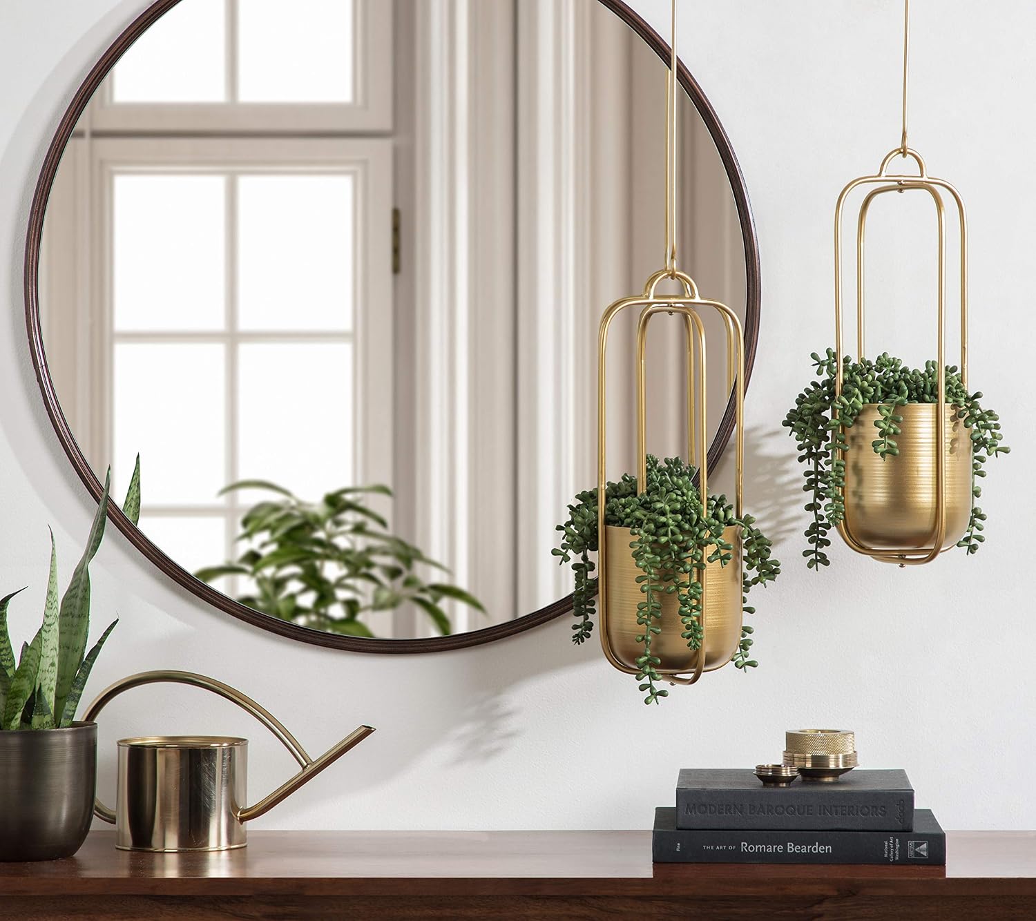 Kate and Laurel Nobrey Modern Hanging Planters, Set of 2, Gold, Metal Hanging Plant Pots for Indoor Plants