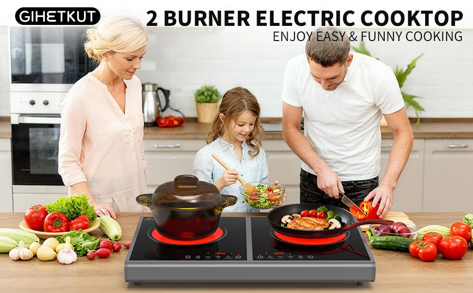 Image of GIHETKUT Electric Cooktop,110V 3600W Stove top, 20 inch Countertop with 9 Power Levels,LED touch control,Overheat Protection,Child Safety Lock & Timer,touch control 2 burner Electric cooktop