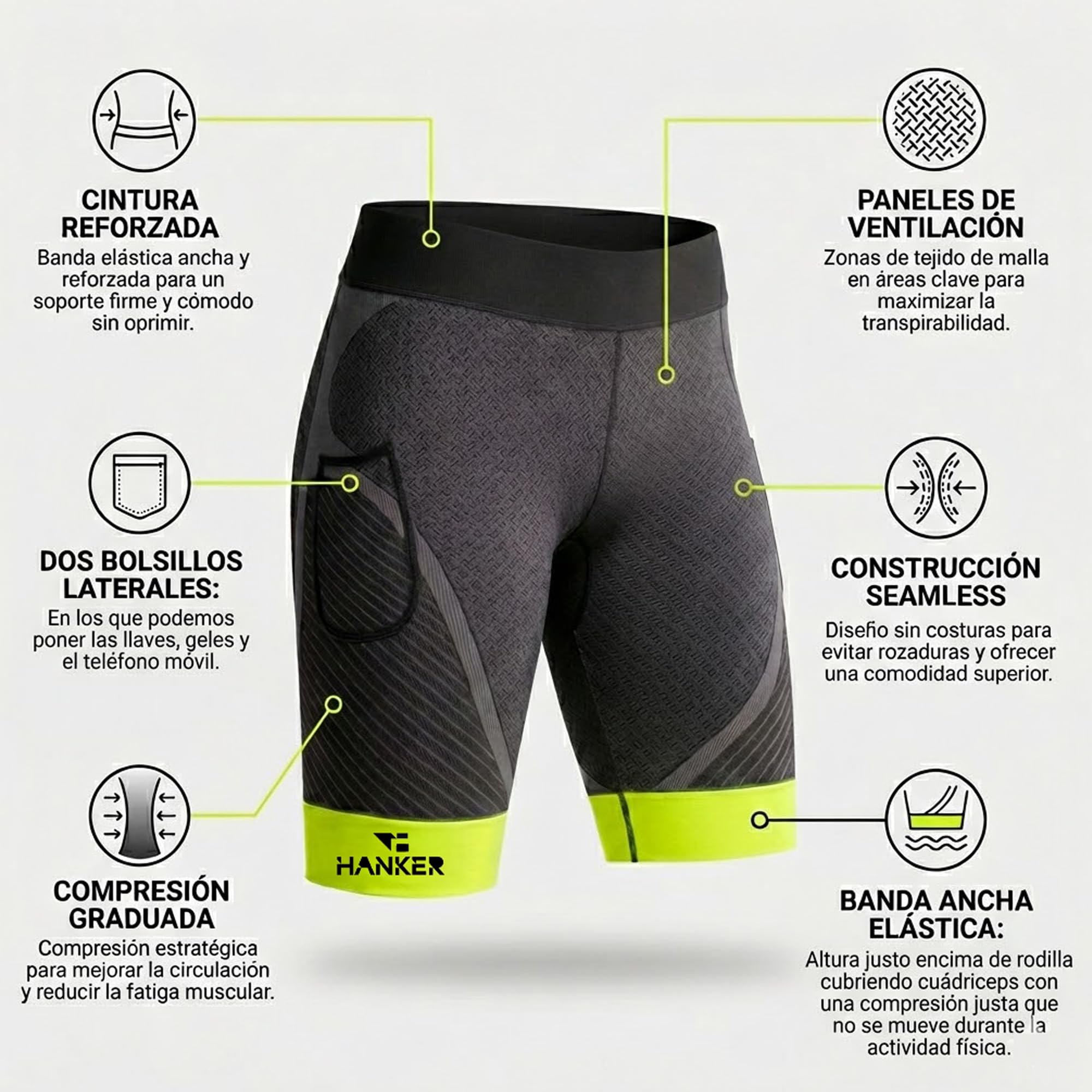 HANKER Kompressions-Shorts für Herren mit thermoregulierendem Gewebe, großen Taschen und flachen Nähten, ideal für Laufen und Trailrunnen