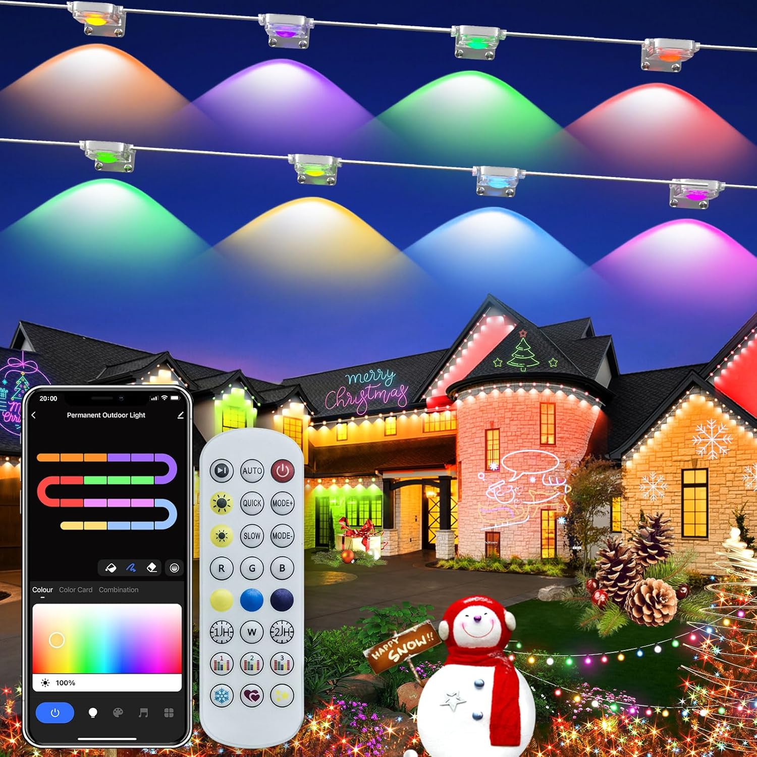 Smart Permanent Outdoor Lights for House, 100ft RGB+IC Permanent Christmas Lights Outdoor, IP67 Waterproof with DIY Scene for Christmas Halloween All Holiday Decor, Work with Alexa, Google Assistant
