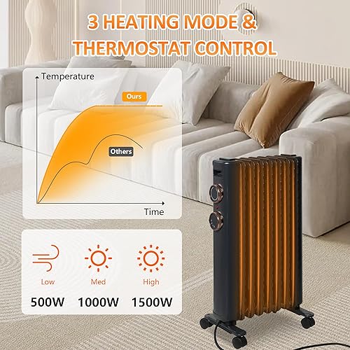 Miniatura 5 de Calentador de radiador portátil lleno de aceite con termostato ajustable y ruedas universales, calentador eléctrico de 1500 W con 3 ajustes de calor