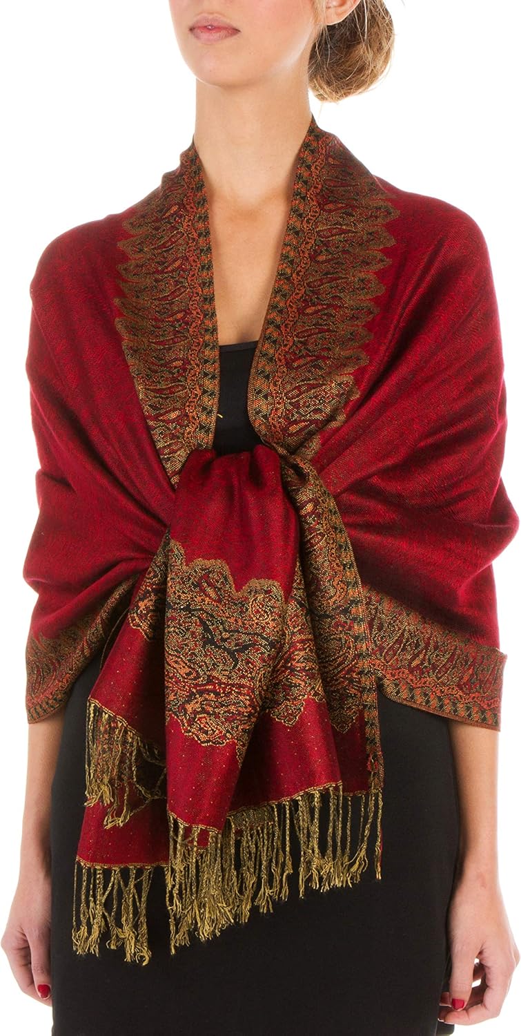 Sakkas Border Pattern Layered Reversible Woven Pashmina Shawl Scarf Wrap Stole