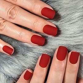 ELEVENAIL Rubber Matte Red Press On Nails Short Squoval Soild Color False Acrylic Nail Art Tips Salon Women Girls DIY Manicure Daily Reusable Stick On Fake Nails Gifts for Office Home Party