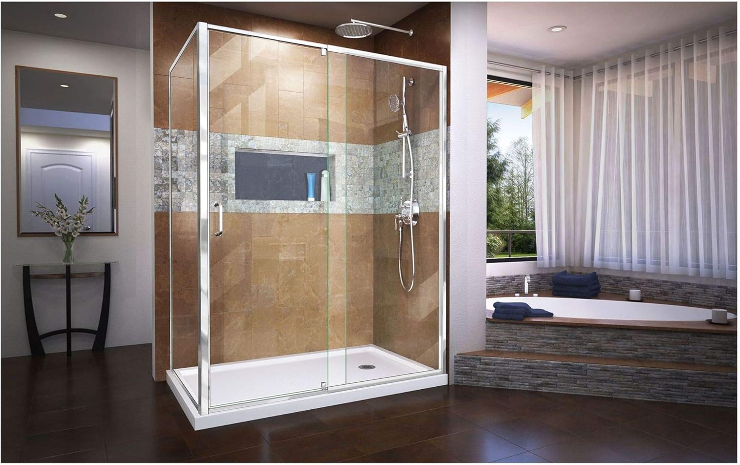 DreamLine Flex 34 1/2 in. D x 56-60 in. W x 72 in. H Semi-Frameless Pivot Shower Enclosure in Chrome, SHDR-2234580-RT-01