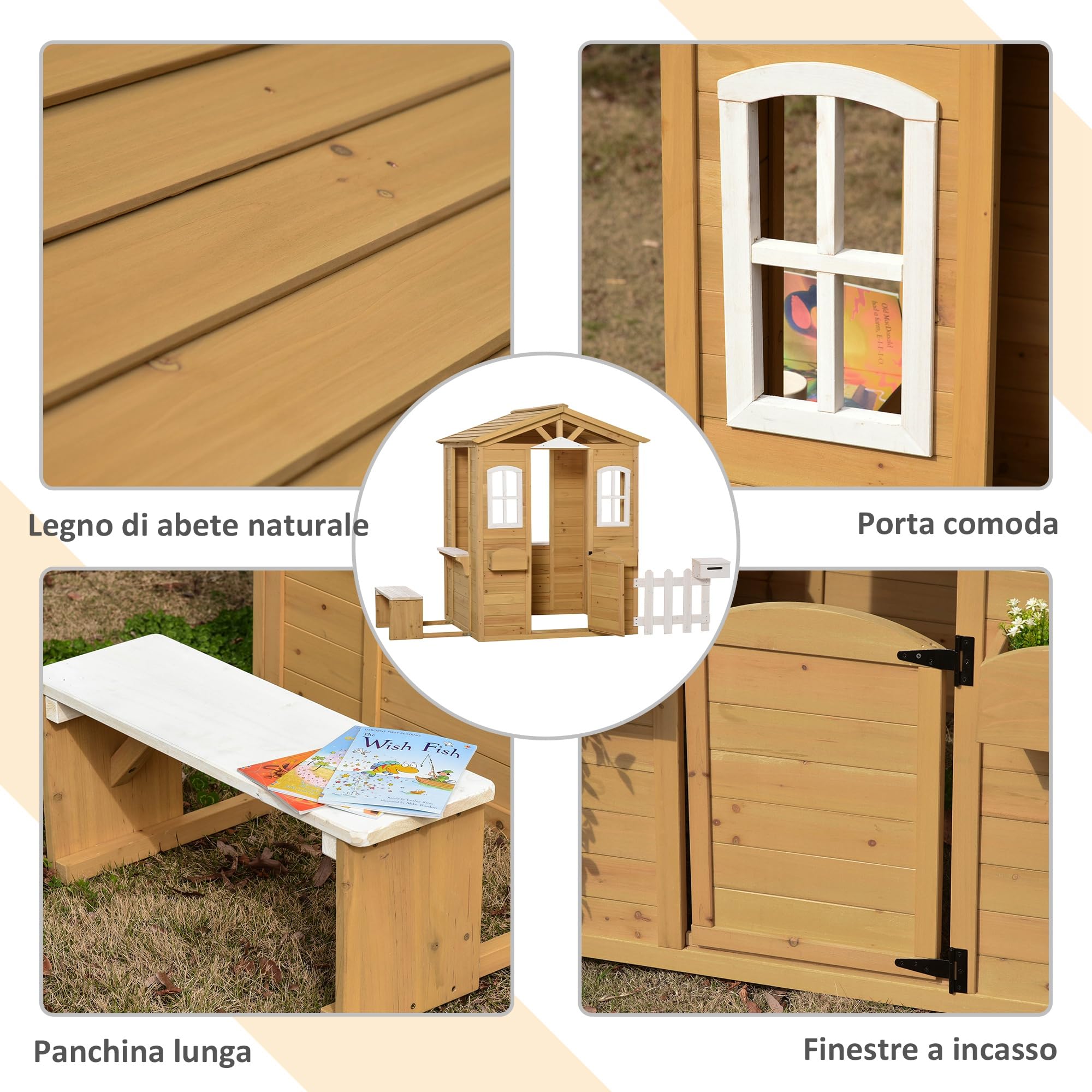 Outsunny Casetta Bambini Legno Giardino con Finestre Staccionata Portavasi Panca 205x119x140 cm