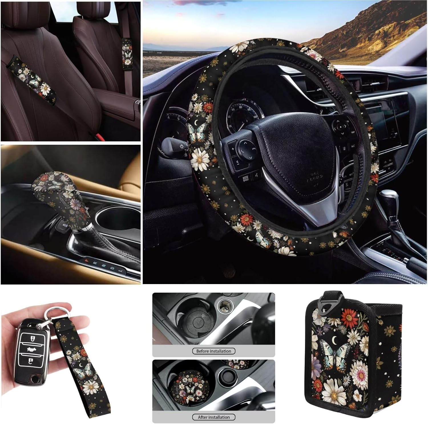 Butterfly 10 Pack Car Steering Wheel Cover Set Non Slip Auto Interior Accessories with Seat Belt Pad,Car Handbrake and Shift Covers,Keychain,Coasters Gift for Holiday