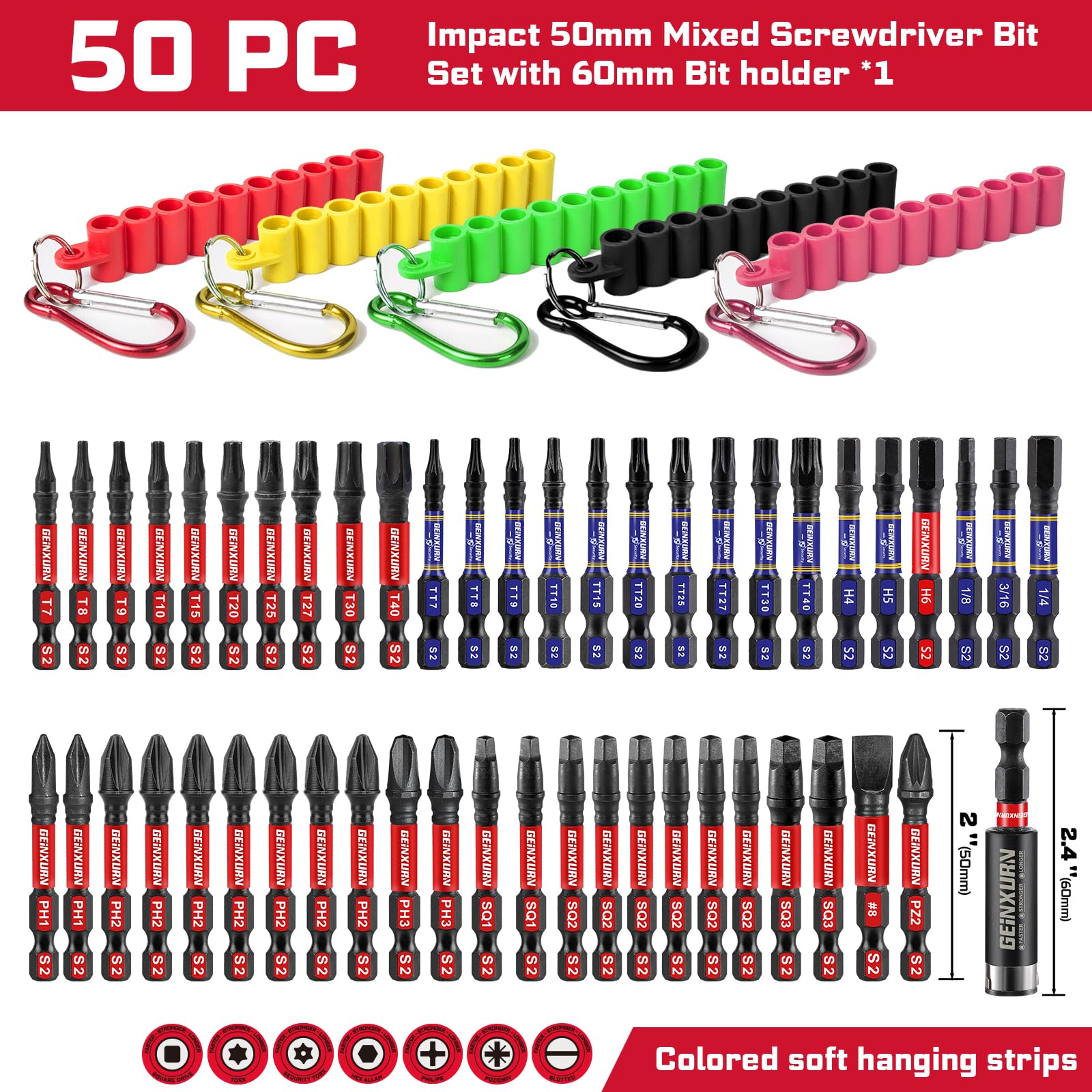 Geinxurn Juego de 50 puntas de destornillador de impacto, puntas magnéticas de acero S2 de 2 pulgadas, PH/SQ/Torx/Hex/PZ con tiras suaves para colgar