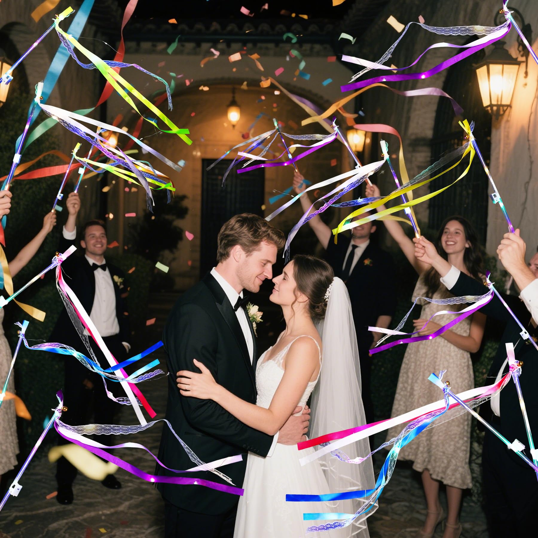 60 varitas iluminadas, cintas de boda con 3 modos intermitentes, varitas de hadas de seda LED con campanas para recuerdos de boda, Pascua, 4 de julio, decoración de cumpleaños (colorido)