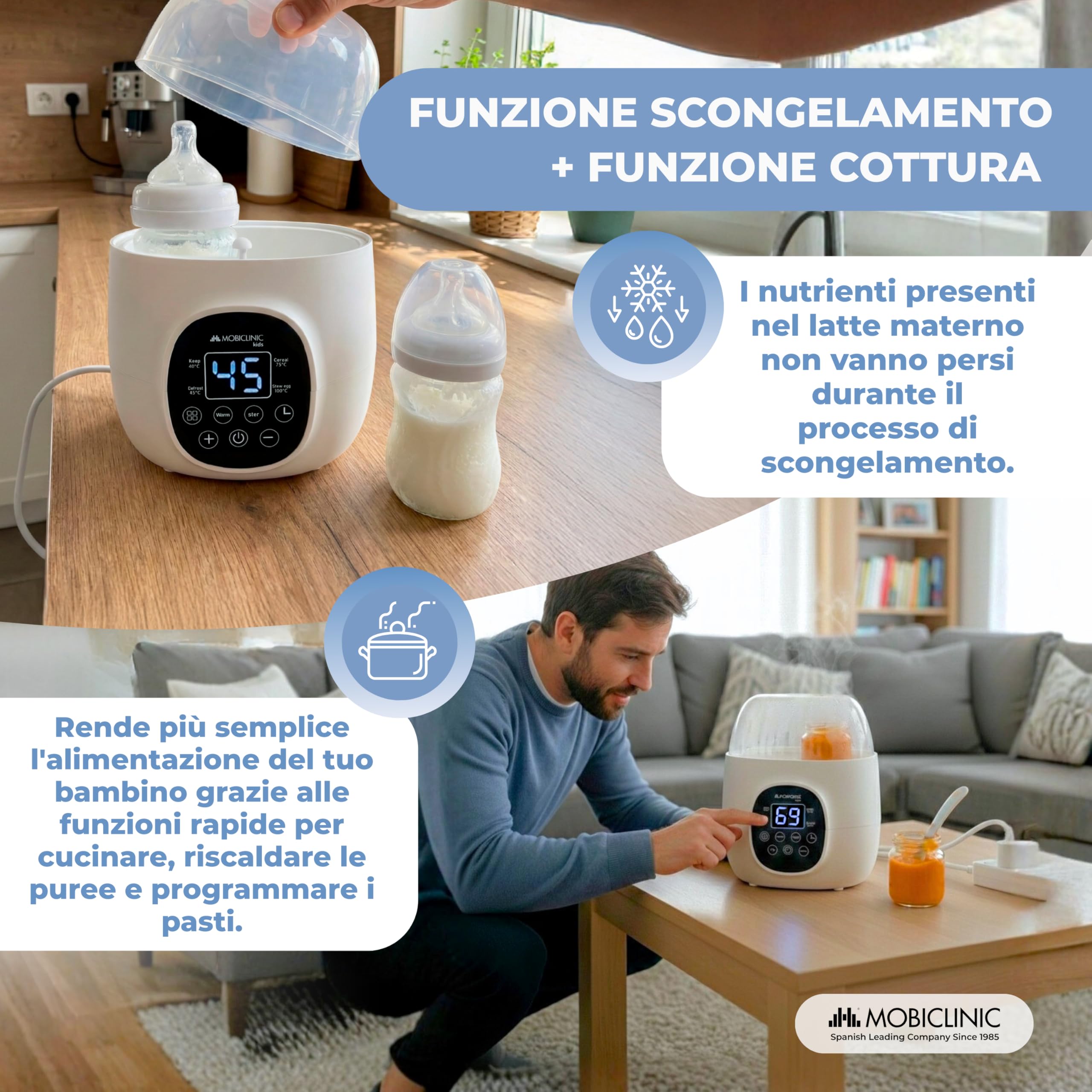 Mobiclinic®, Scaldabiberon e Sterilizzatore, 6 in 1, Doppia Capacità, Scongela, Programmabile, Mantiene la Temperatura, Riscaldamento Rapido, Latte Materno, Senza BPA, Schermo LCD, Compatto, Bibidu