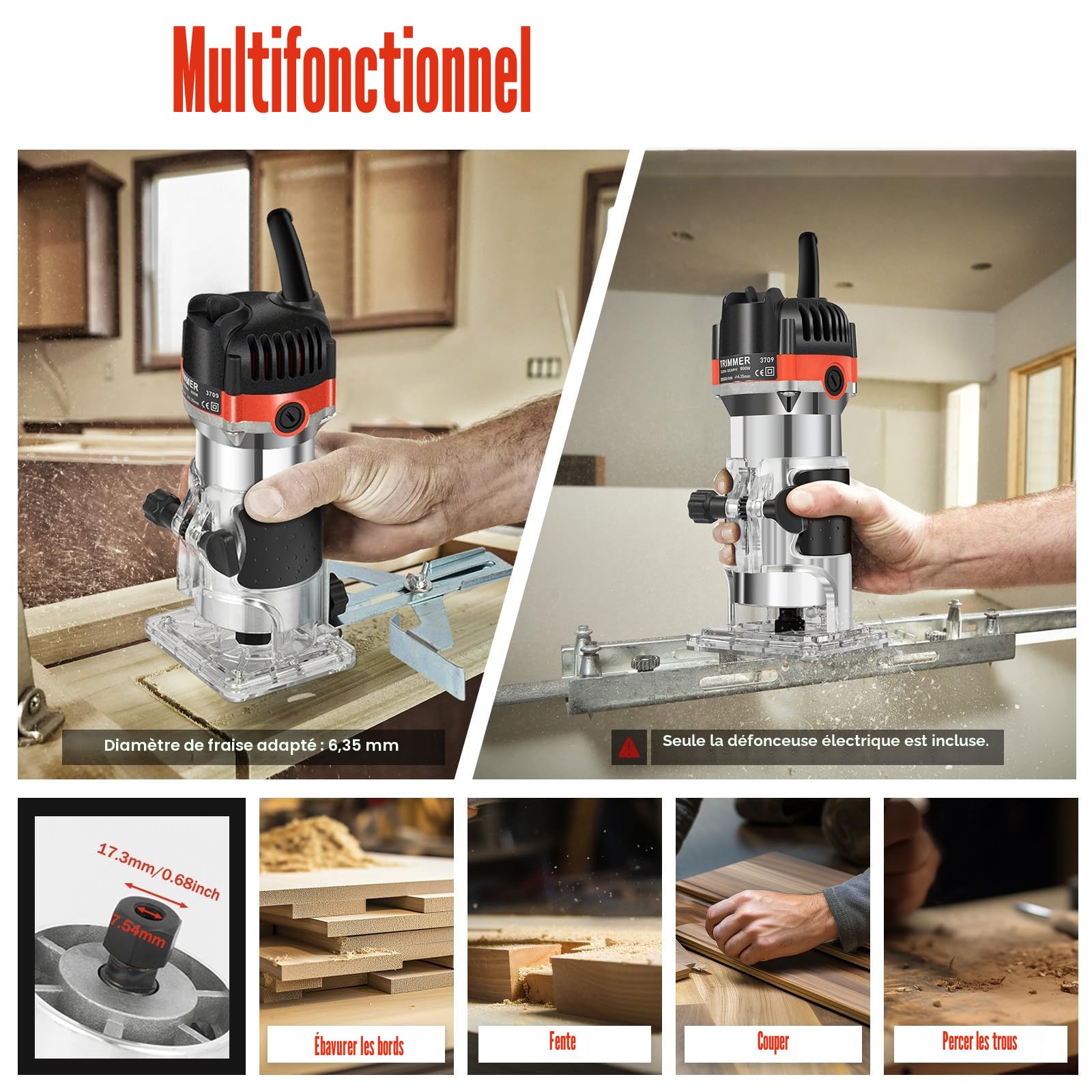 Défonceuse à main électrique pour bois - 220 V - 800 W - Fraise multifonction - Bord 30 000 tr/min - Pour le travail du bois, la fabrication de meubles