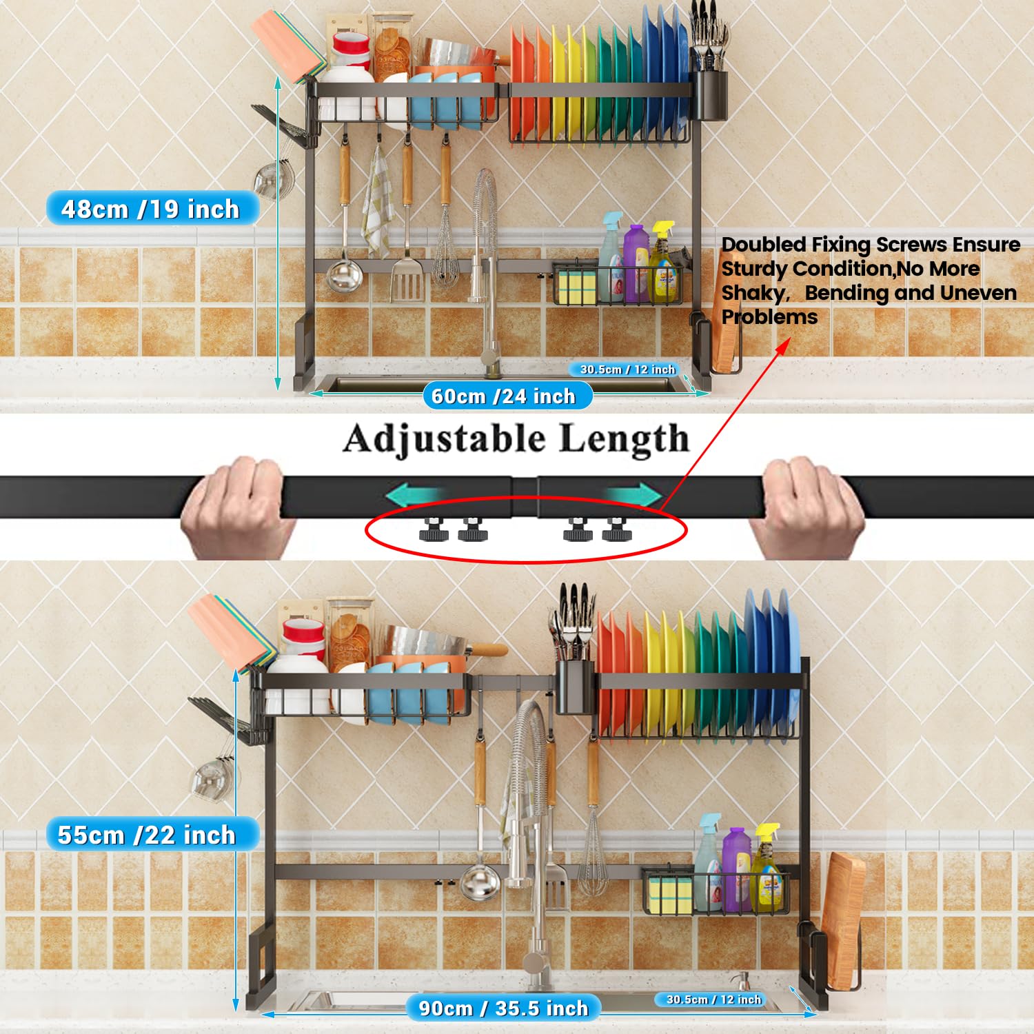 ADBIU Over The Sink Dish Drying Rack (Expandable Height and Length) Snap-On Design 2 Tier Large Dish Rack Stainless Steel (24" - 35.5"(L) x 12"(W) x 19" - 22"(H))