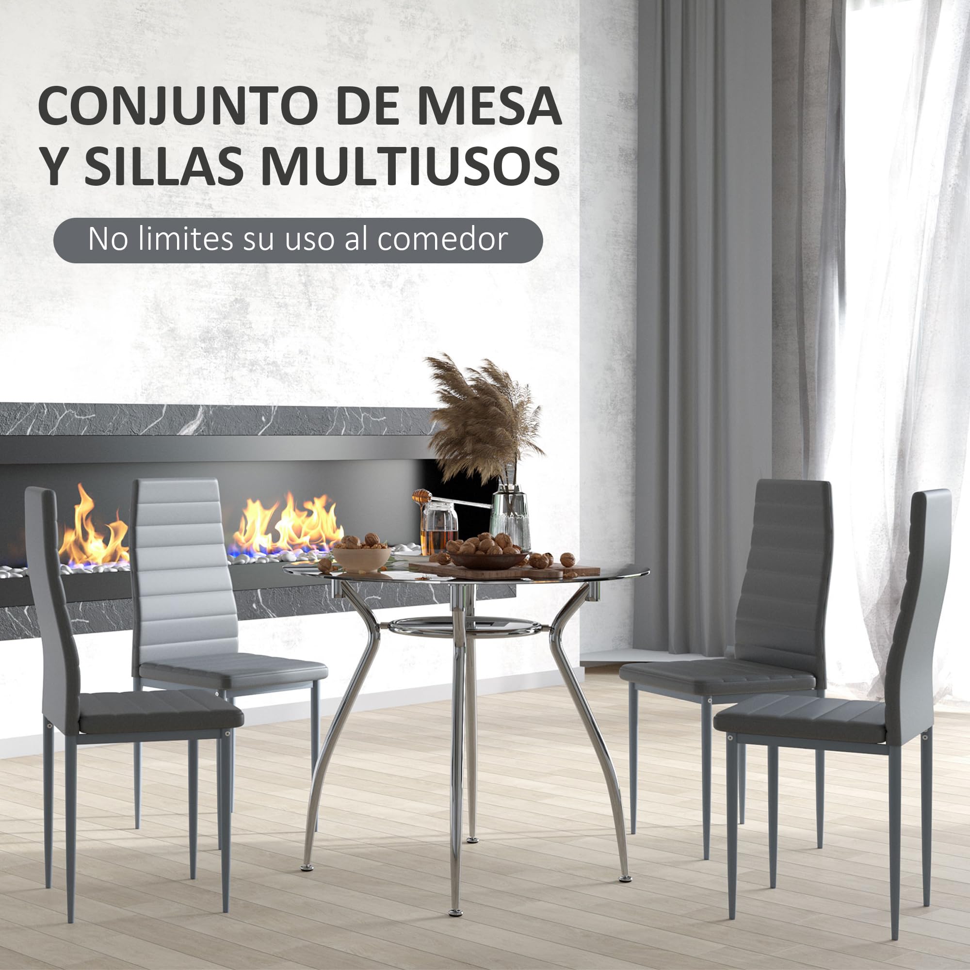 HOMCOM Conjunto de Mesa y Sillas de Comedor Juego de Mesa de Cocina con 4 Sillas con Tablero Vidrio Templado y Patas de Acero Carga 120 kg Gris