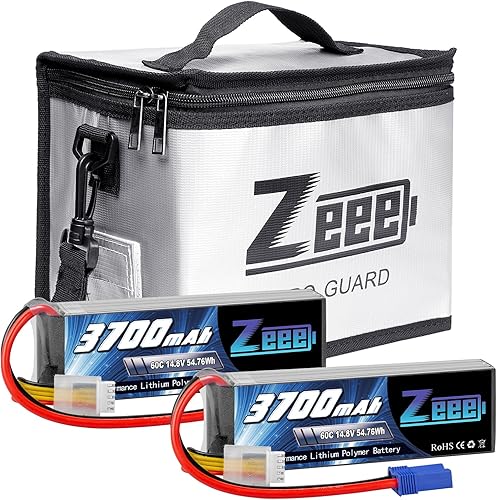 Zeee Batería Lipo RC de 14.8V 60C 3700mAh 4S RC con enchufe EC5, paquete de 2 baterías con 1 bolsa segura Lipo Bolsa ignífuga a prueba de