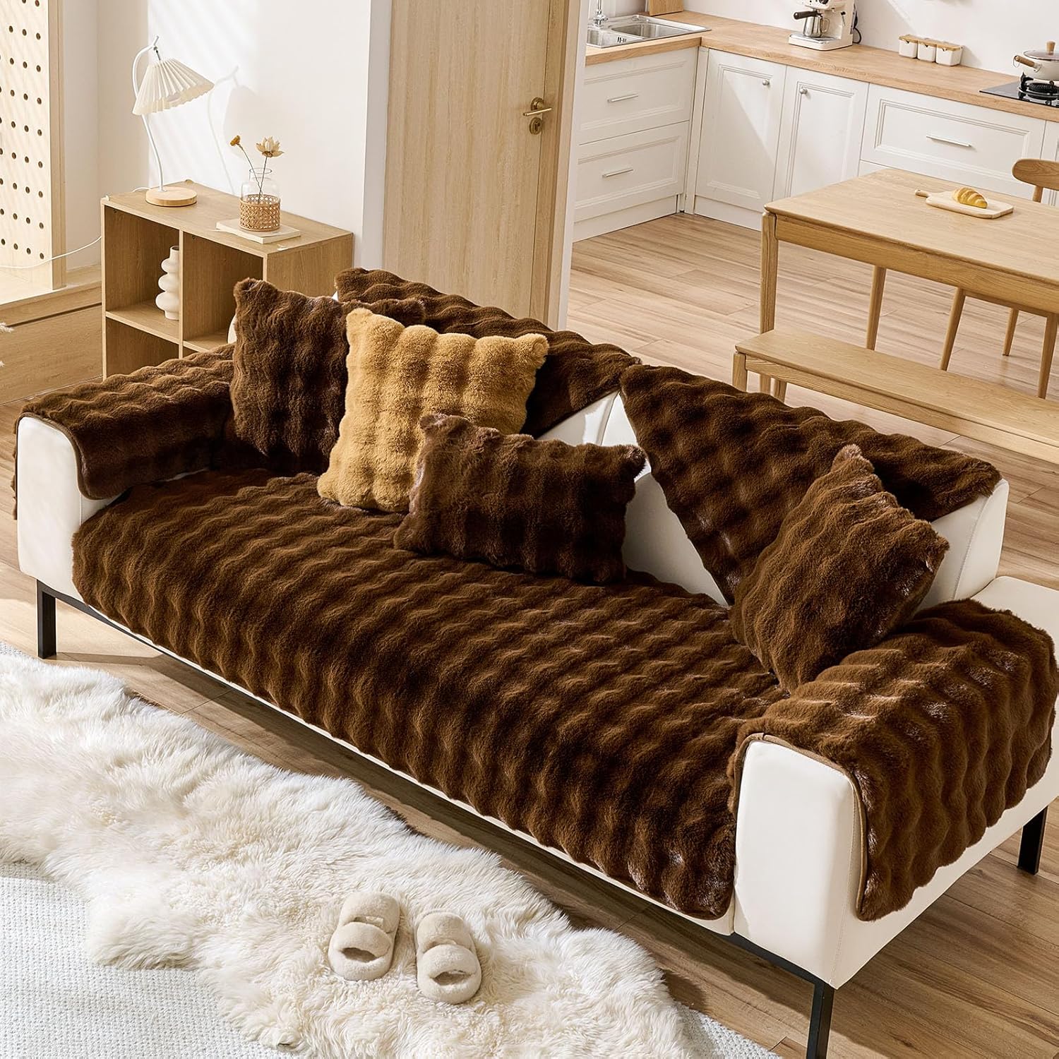 Faux Fur Armrest Cover Backrest Cover Fuzzy Plush Thick Bubble Sofa Cover Luxury Soft Cozy Couch Cover Anti-Slip Sofa Slipcover Washable Furniture Protector (Coffee,36"x36")