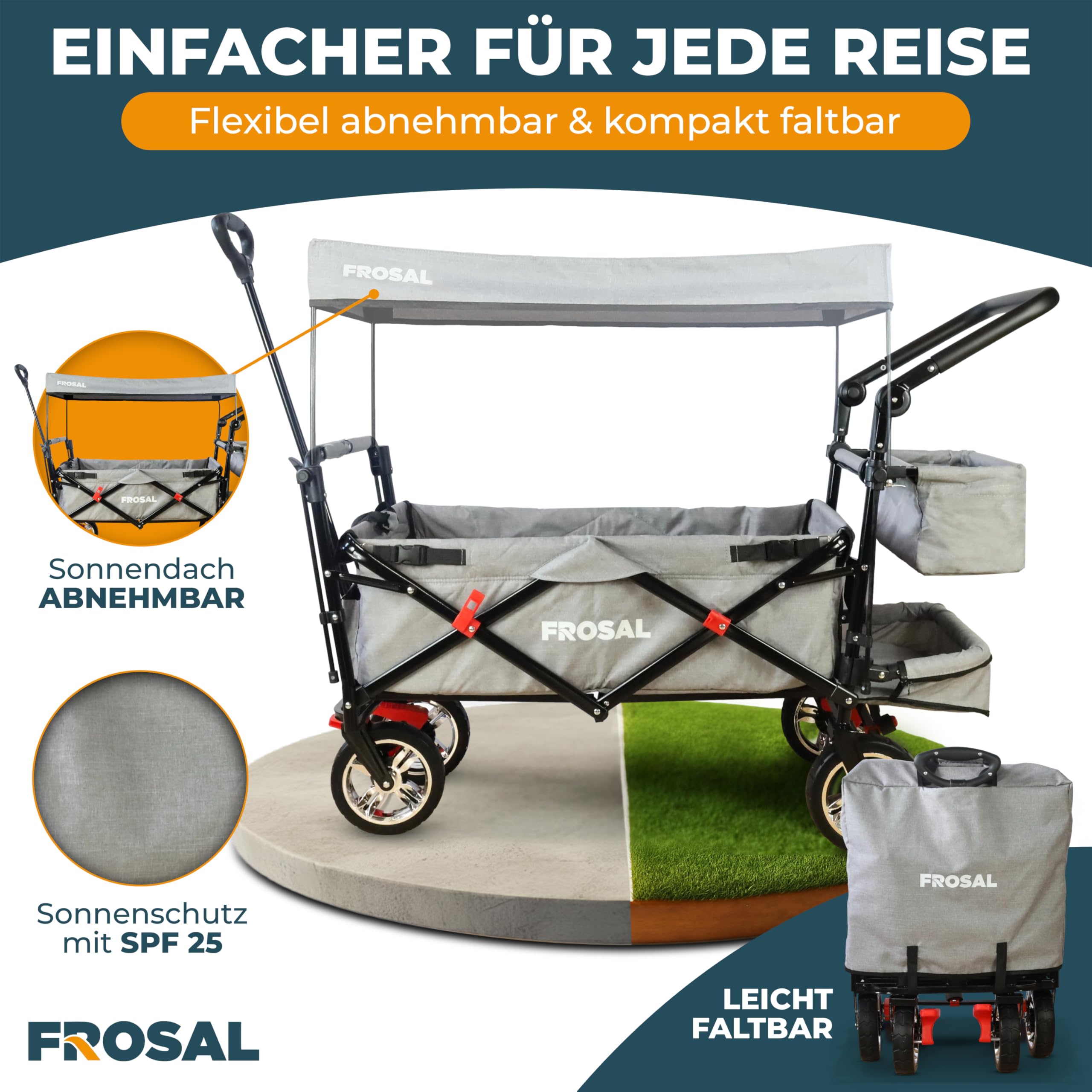 FROSAL Chariot de transport pliable avec toit Leo gris argenté souple | Chariot de transport pliable pour enfants