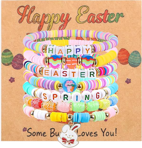 7 Pcs Easter Bunny Beaded Bracelet Set - Stackable Polymer Clay Heishi Stretch Bracelets with Bunny Carrot Egg Charms, easter bracelet bunny bracelet for gir, Easter Spring Jewelry Gifts for Teen