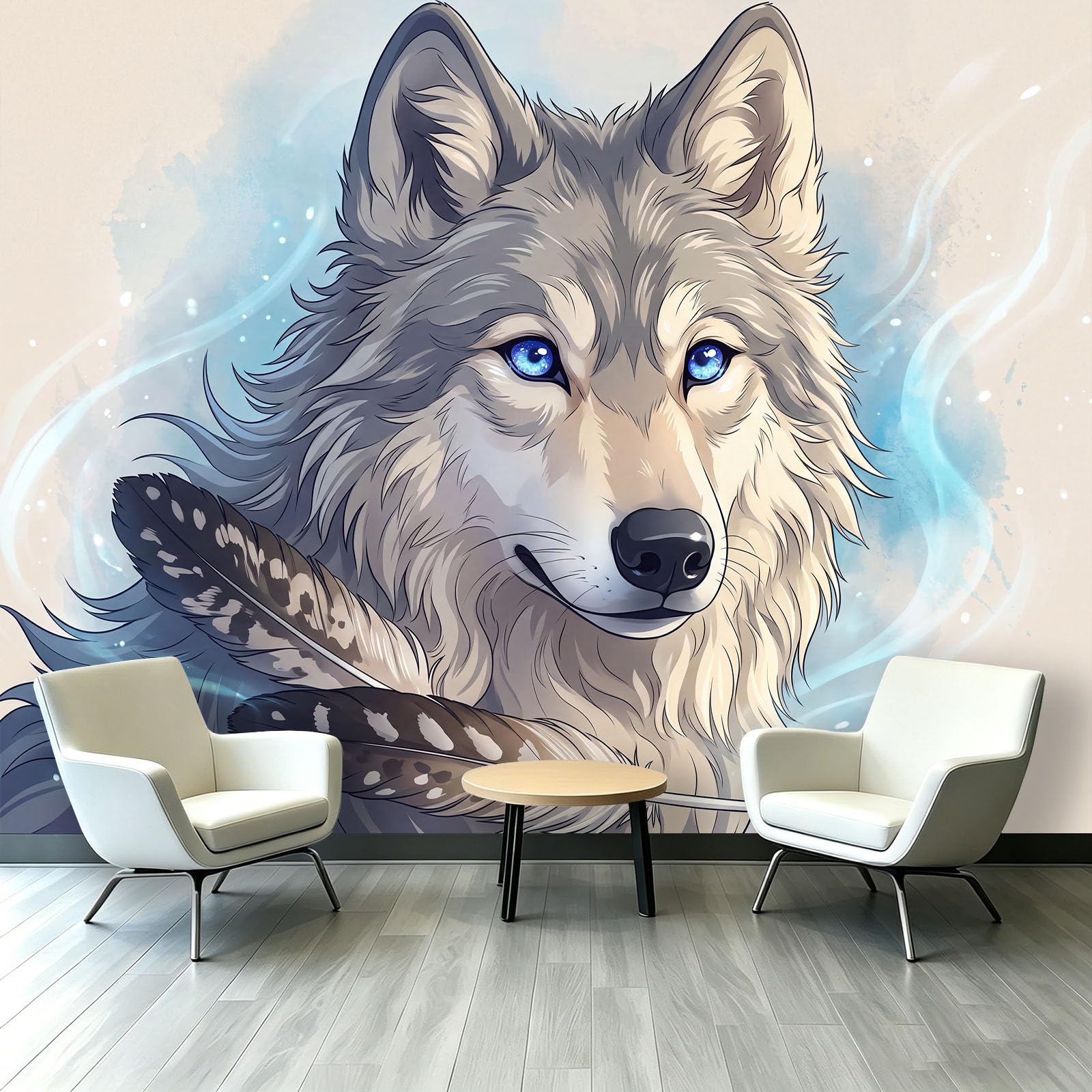 Générique Tapeta wilk szare pióro fala 300 x 210 cm (szer. x wys.) gigantyczny plakat ścienny 3D, fototapeta z kreskówki, fototapeta z włókniny do salonu, sypialni i kuchni
