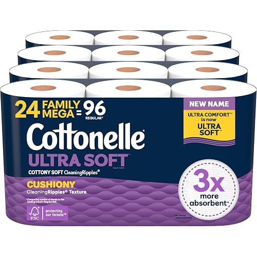Cottonelle Ultra Soft Toilet Paper with Cushiony CleaningRipples Texture, Strong Bath Tissue, 24 Family Mega Rolls = 108 Regular Rolls (4 Packs of 6)