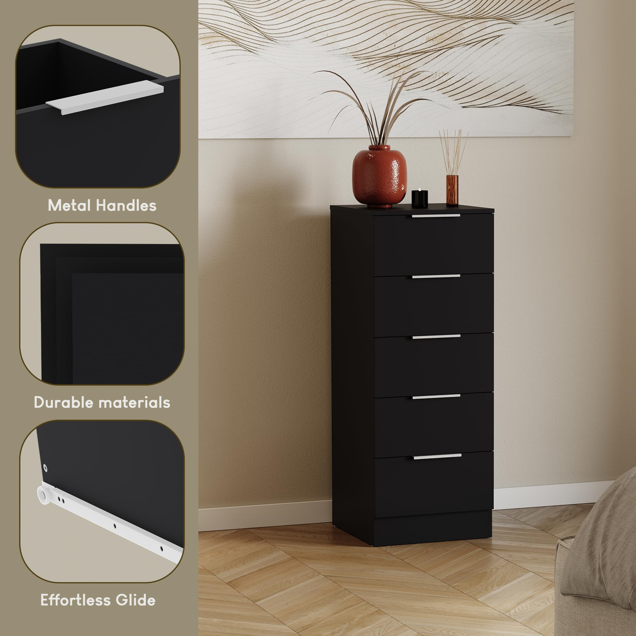 Vida Designs Trega Kommode mit 5 Schubladen | Schwarz | 90 H x 34,5 B x 36 T cm | Schmal | Platzsparende Stauraumeinheit | Schubladenstütze gegen Durchbiegen | Leichtgängige Schubladenführungen