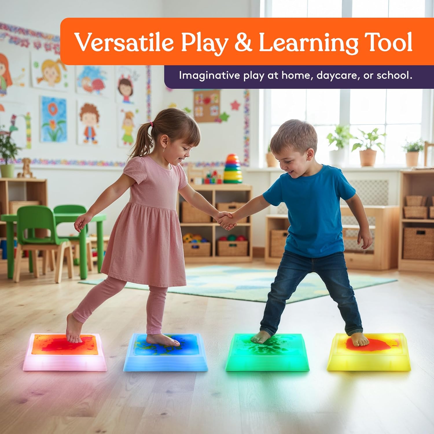 Special Supplies Liquid Gel LED Stepping Stones for Kids - Light-Up Square Balance Blocks - Promote Coordination, Balance, Strength for Toddlers & Children - Durable Non-Slip Rubber, Safe Indoor & Outdoor Play- 4 Pack