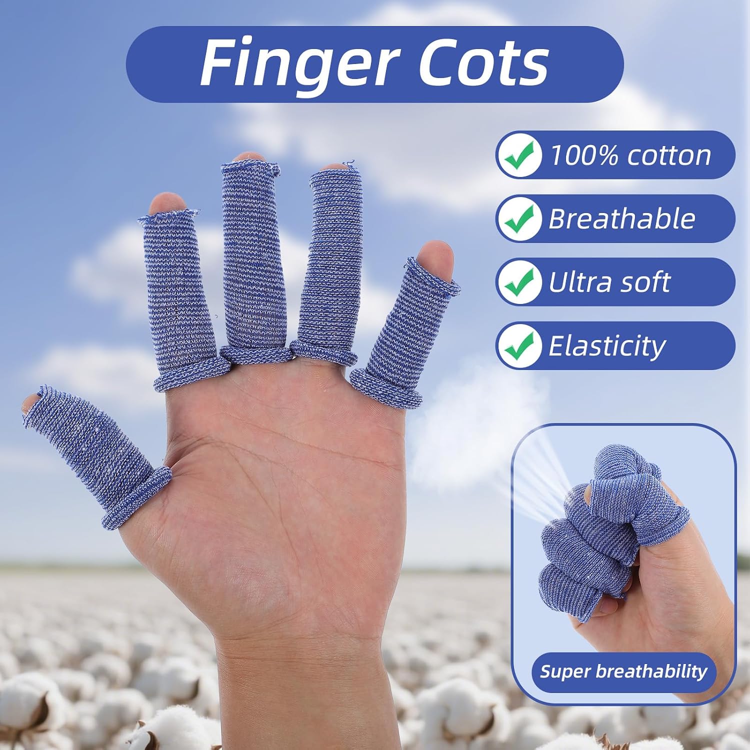 ElevateTech Finger Cots, 60 Pcs Finger Bandage Roll for Fingers Tips Cut Resistant Fingers Protectors Tubular Bandages for Wounds Elastic Thumb Covers for Gardening Sculpture Kitchen (M, Blue & White)