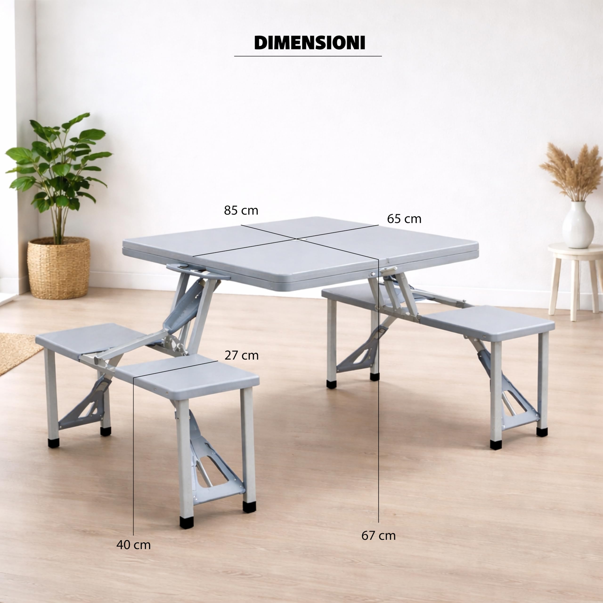 Tavolo Pieghevole con Panche 85,5 x 65 x h 67 cm - da Campeggio, Picnic, per Spiaggia, Salvaspazio, Maniglia di Trasporto, Struttura Acciaio, Richiudibile - Colore grigio