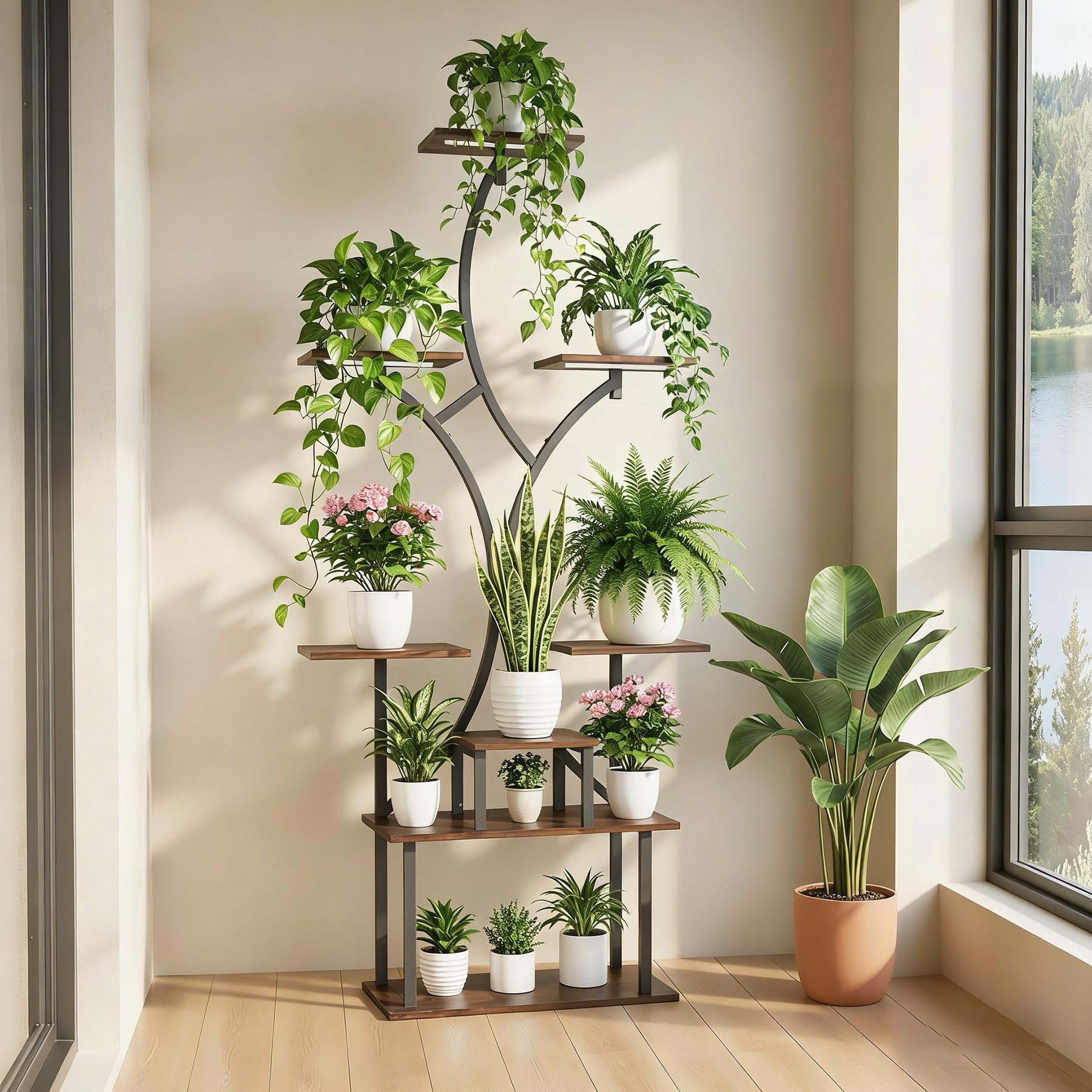 Soporte Plantas Interior con Luz de Crecimiento, 162 cm de Alto, Estanteria Plantas 8 Niveles, Soporte para Planta Madera & Metal para Salón, Terraza, Jardín, Balcón, Decoración Del Hogar