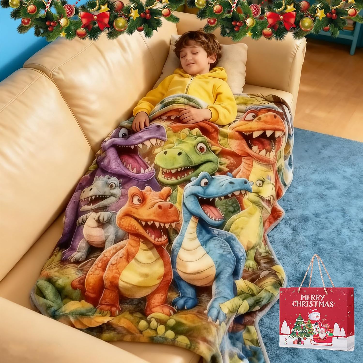 3D Smiling Dinosaur Blanket, Cute Smiling Dinosaurs HD Digital Print Flannel, Christmas Realistic Fleece Dinosaurs Throw Blanket, Soft Warm Couch Bed Sofa Nap Dino Blankets for My Grandson (71"x59")