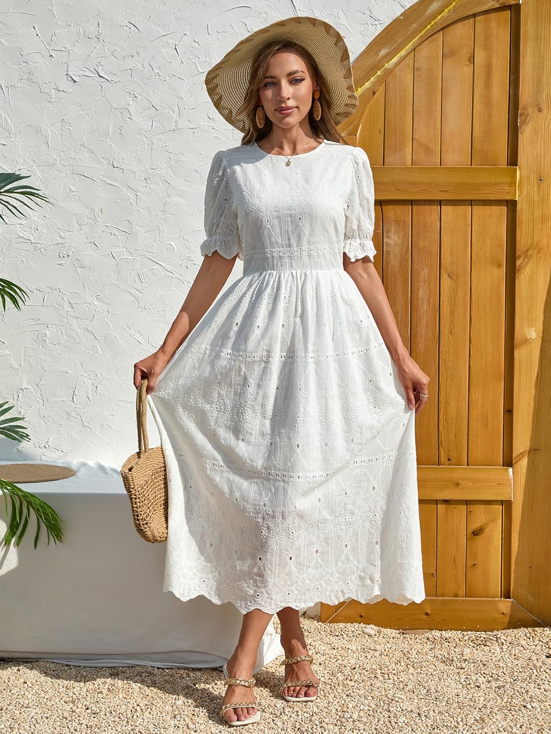 Midi Dress for Women Elegant Dresses Floral Eyelet Puff Sleeve Dress with Cinched Waist Casual Summer Party Dress White - Image 7