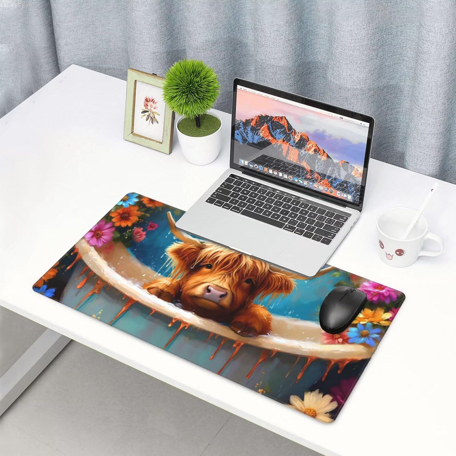 Gamingowa podkładka pod mysz XXL 1200 x 600 mm, podkładka pod mysz ze zwierzętami, bydło górskie, duża, 120 x 60 cm, rozszerzona podkładka na biurko, akcesoria gamingowe z przyszytymi krawędziami,