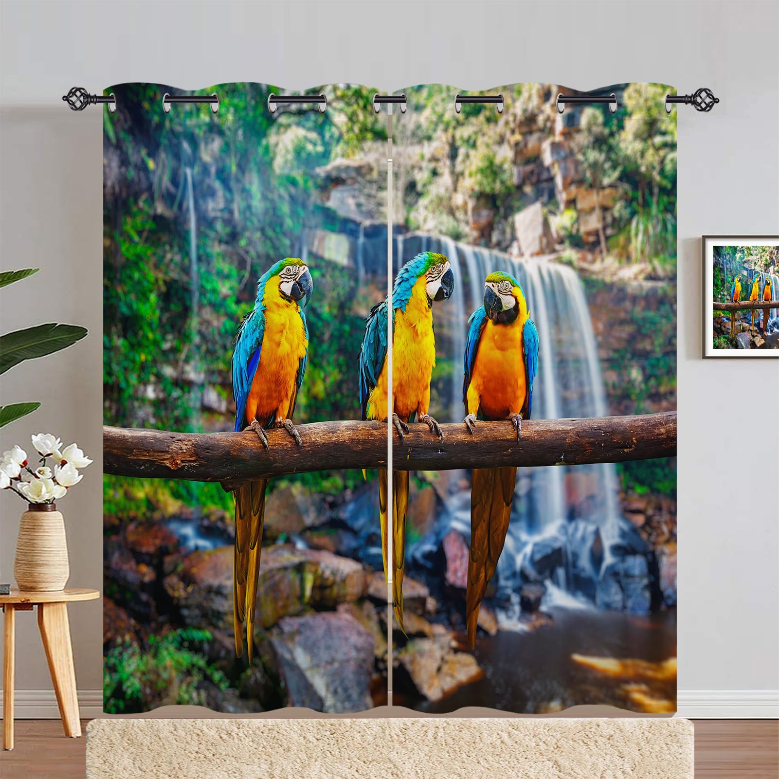 ANHOPE Parrot Curtains Eyelet Thermal Insulated Blackout Curtains Jungle Waterfall Animal Macaw Print Pattern Ring Top Drapes for Bedroom Living Room 66 x 90 Inch Drop 2 Panels — image 1