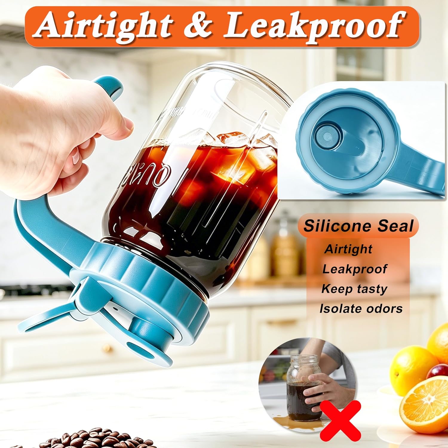 Mason Jar Pitcher With Pour Spout Lid 32 Oz Glass Breastmilk Storage Wide Mouth Airtight & Leakproof Water Jug With Flip Cap For Cold Brew Coffee Iced Tea Sun Tea Lemonade Juice Beverages