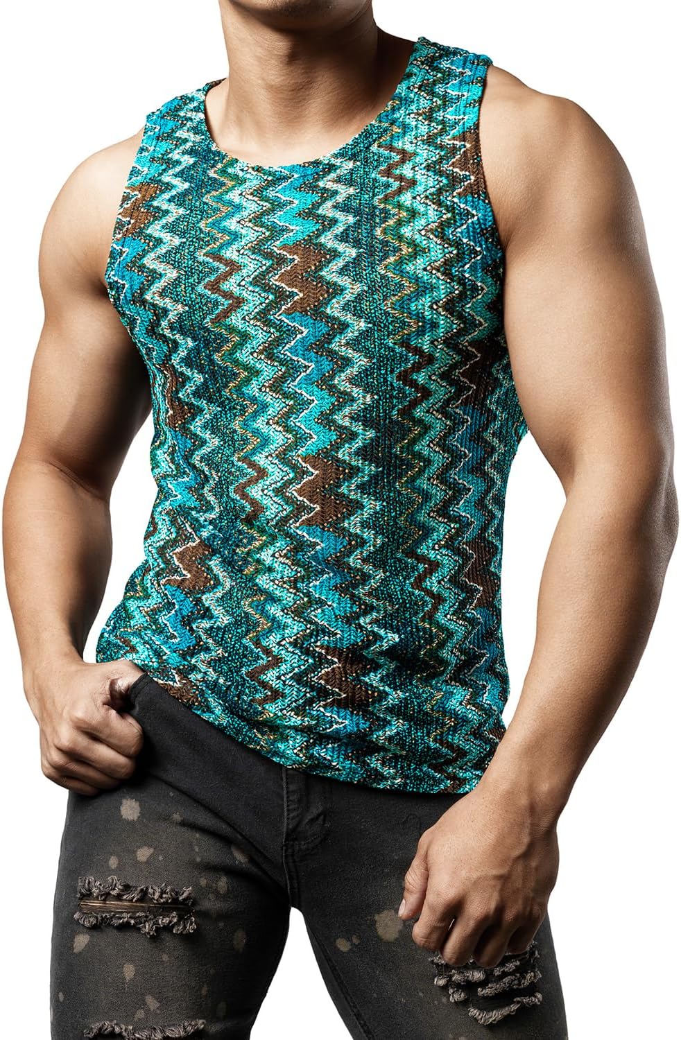 JOGAL Mens Boho Summer Tank Top Sleeveless Muscle Mesh Shirt