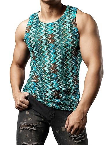 JOGAL Mens Boho Summer Tank Top Sleeveless Muscle Mesh Shirt - Medium - Blue