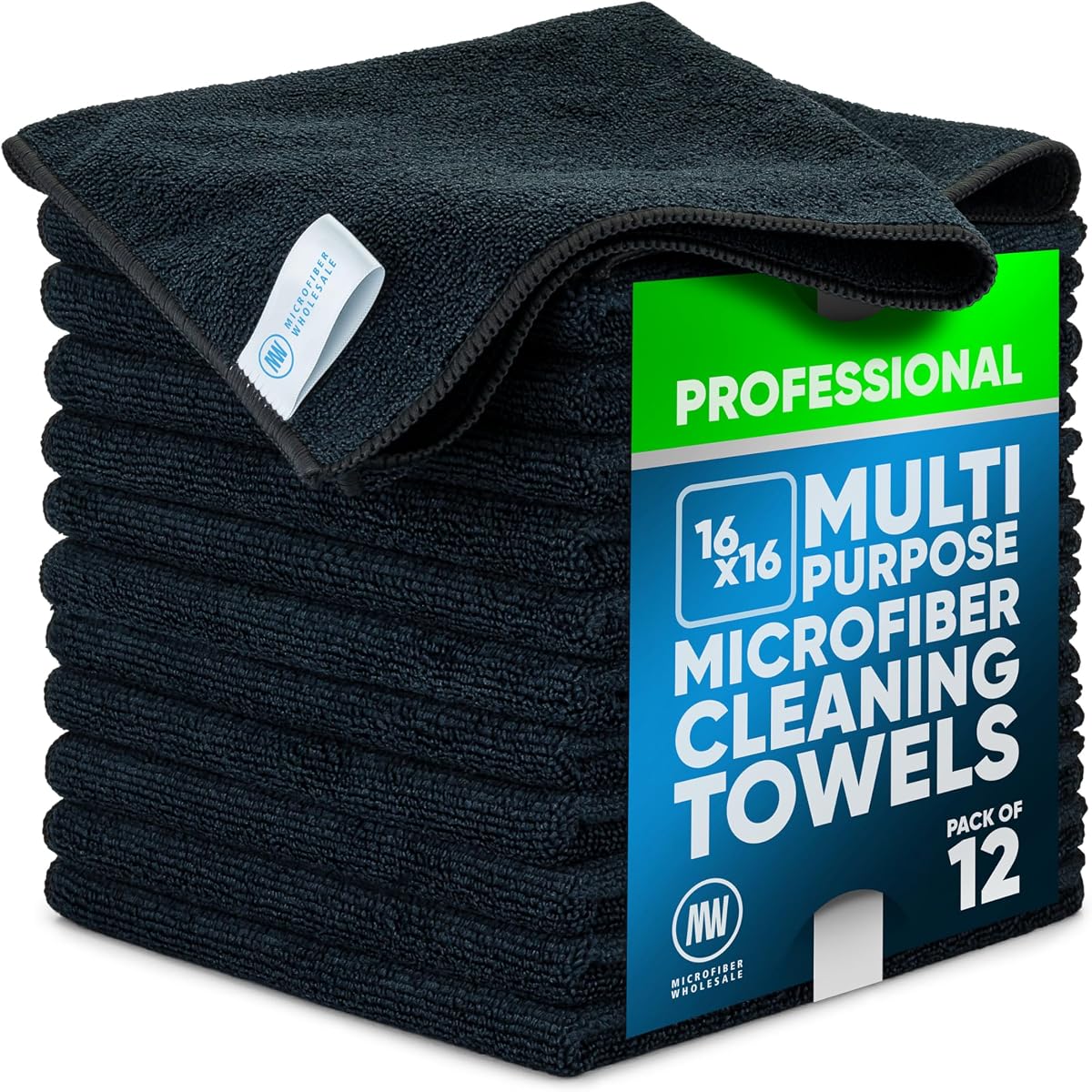 MW Pro 16x16 Auto Detailing Towels - Plush Car Drying Cloths for Wax Removal, Interiors & Body Shops - Scratch Free (Black, 12-Pack)