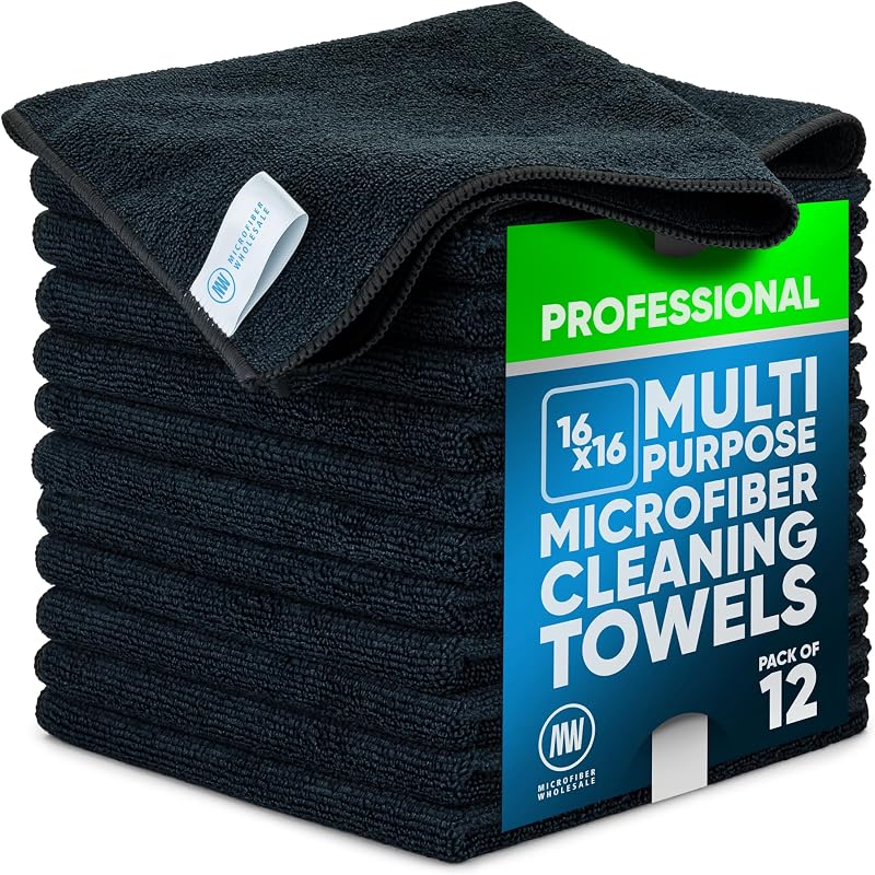 MW Pro 16x16 Auto Detailing Towels - Plush Car Drying Cloths for Wax Removal, Interiors & Body Shops - Scratch Free (Black, 12-Pack)