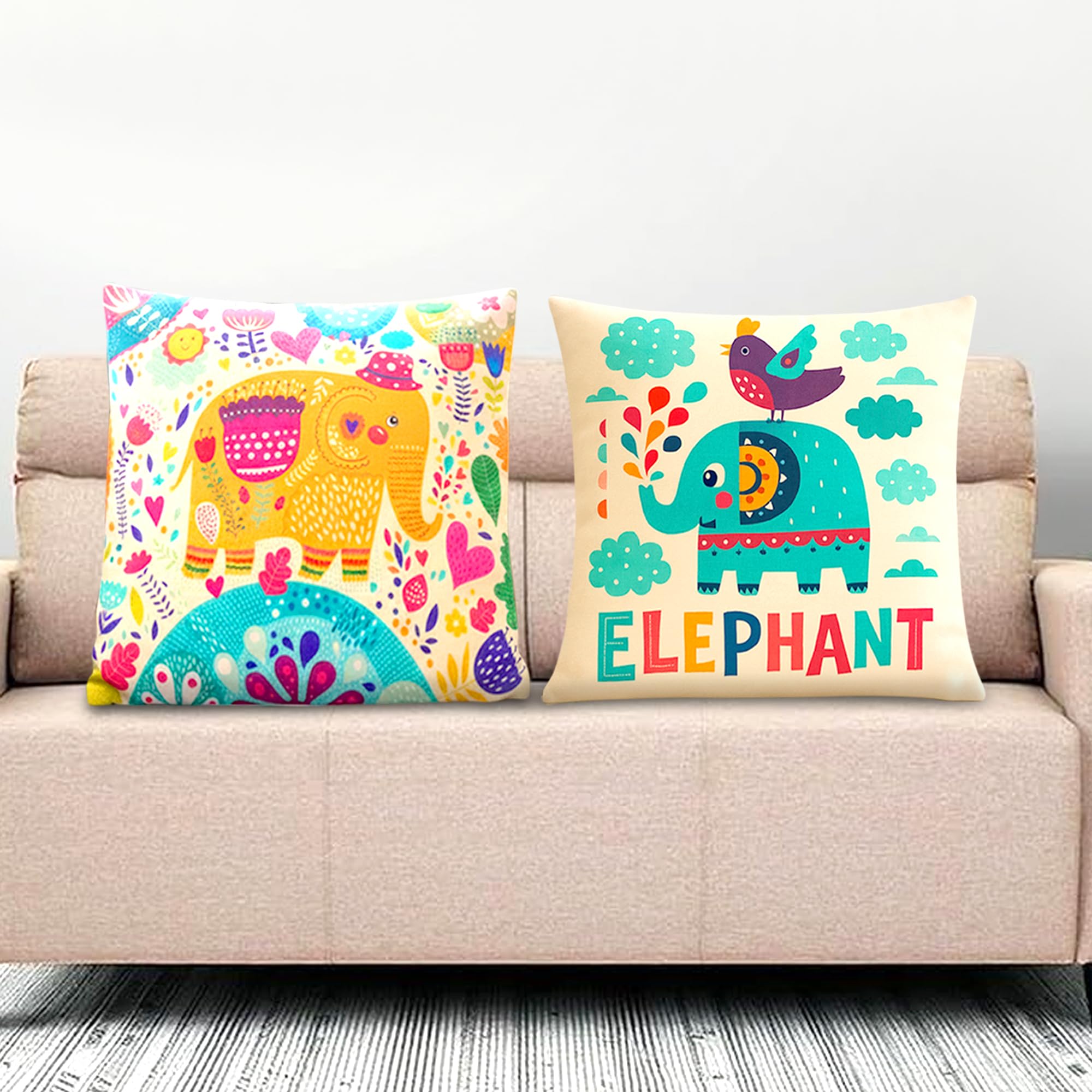 GLUN® 2 Piece Polycotton Cushion Covers, Multicolour Bohemian Elephant Print, 16 x 16 Inch Size Covers, Playful Cushion Covers for Sofa & Living Room Decor
