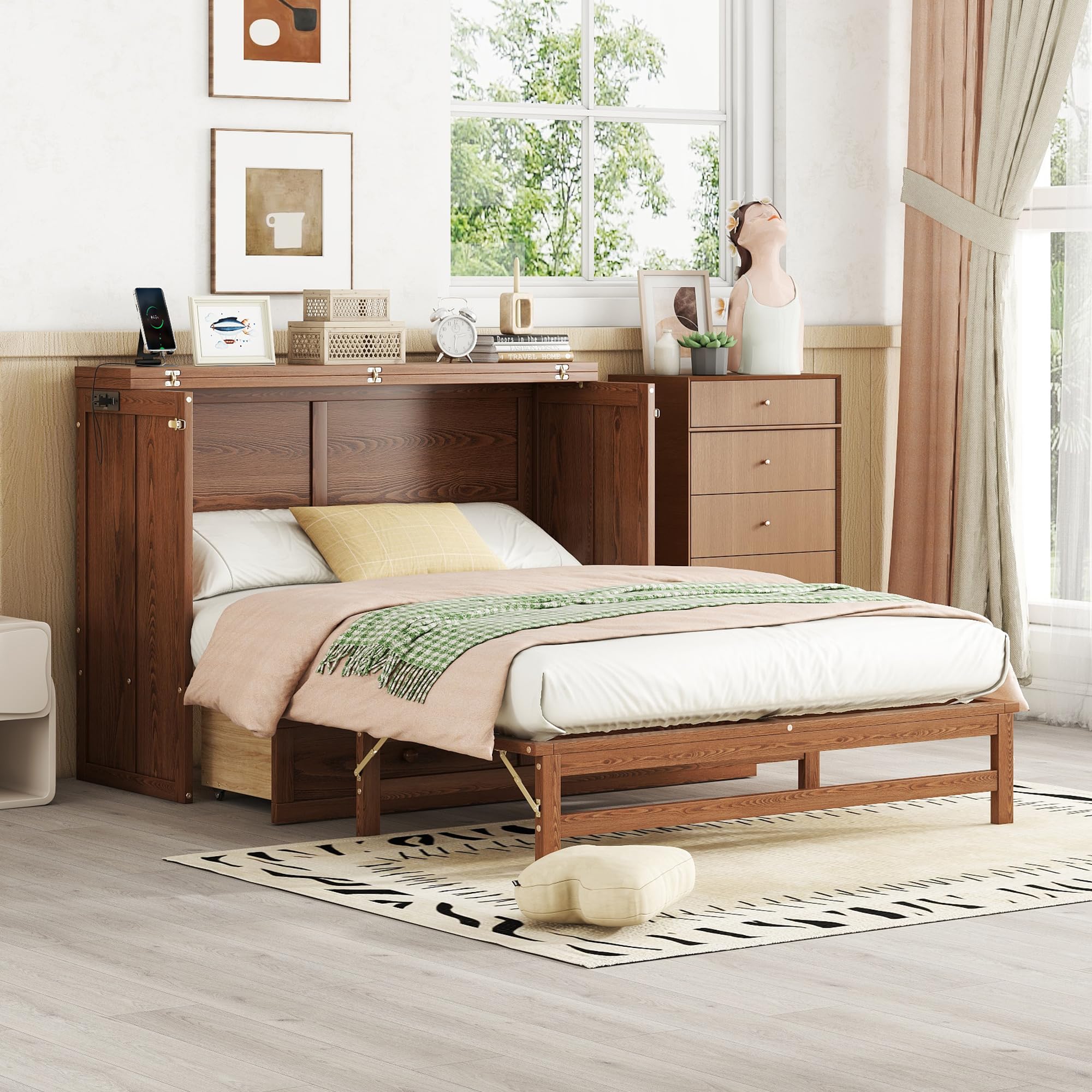 SOFTSEA Full Murphy Bed with Charging Station Chest Bed Cabinet with Large Drawer Wood Full Wall Bed for Guest Room, Space Saving